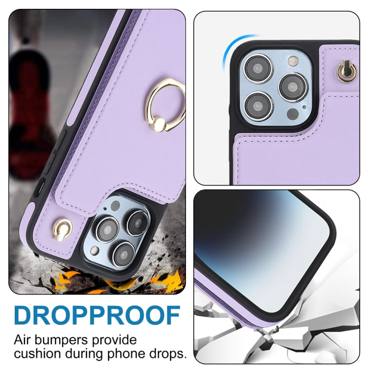 For iPhone 15 Pro Max YM005 Skin Feel Card Bag Phone Case with Long Lanyard(Light Purple) - HoMEdemic™ 