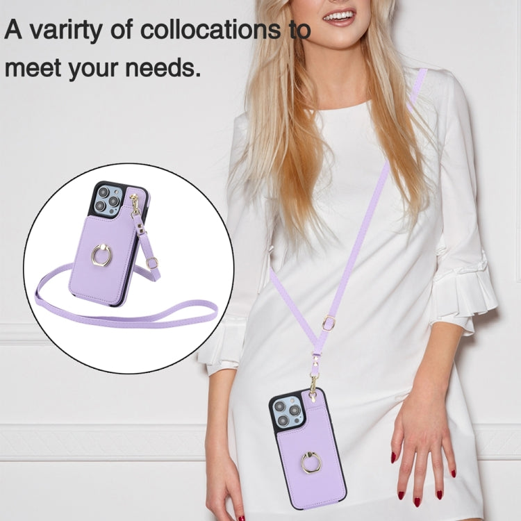 For iPhone 15 Pro Max YM005 Skin Feel Card Bag Phone Case with Long Lanyard(Light Purple) - HoMEdemic™ 