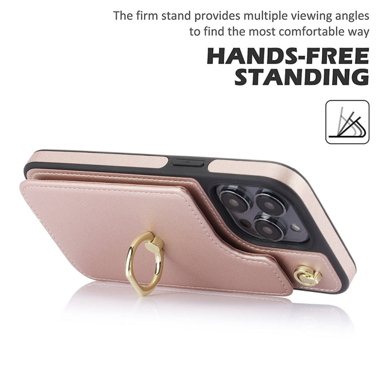 For iPhone 15 Pro Max YM005 Skin Feel Card Bag Phone Case with Long Lanyard(Rose Gold) - HoMEdemic™ 