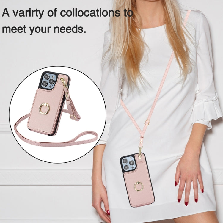 For iPhone 15 Pro Max YM005 Skin Feel Card Bag Phone Case with Long Lanyard(Rose Gold) - HoMEdemic™ 