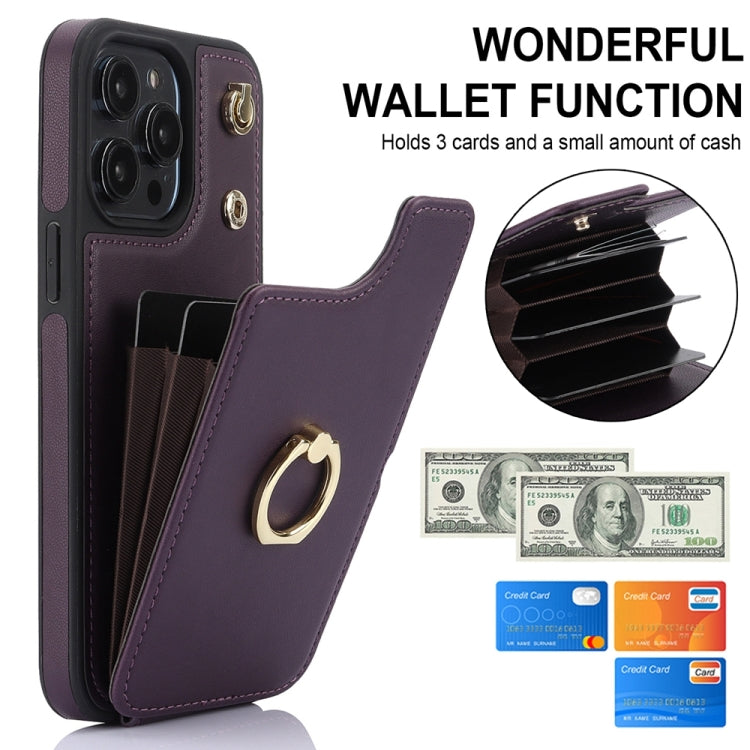 For iPhone 15 Pro YM005 Skin Feel Card Bag Phone Case with Long Lanyard(Dark Purple) - HoMEdemic™ 