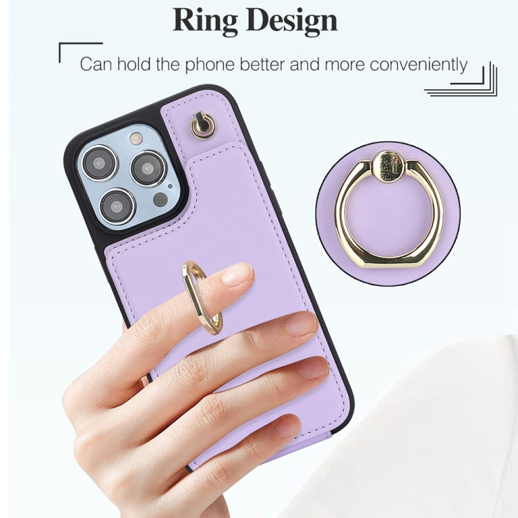 For iPhone 15 Pro YM005 Skin Feel Card Bag Phone Case with Long Lanyard(Light Purple) - HoMEdemic™ 