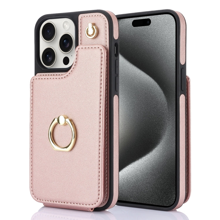 For iPhone 15 Pro YM005 Skin Feel Card Bag Phone Case with Long Lanyard(Rose Gold) - HoMEdemic™ 
