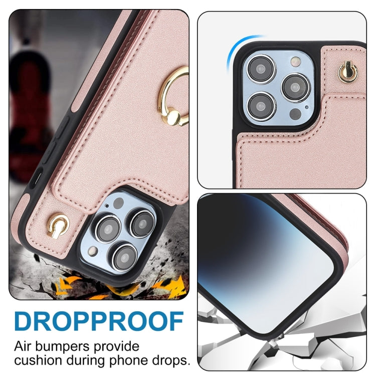 For iPhone 15 Pro YM005 Skin Feel Card Bag Phone Case with Long Lanyard(Rose Gold) - HoMEdemic™ 