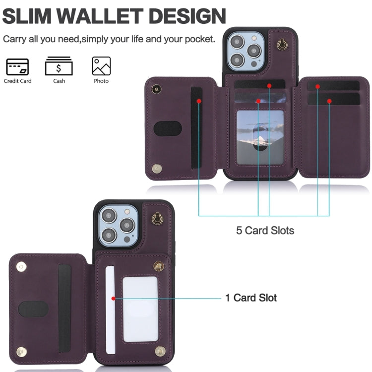 For iPhone 15 Pro Max YM006 Skin Feel Zipper Card Bag Phone Case with Dual Lanyard(Dark Purple) - HoMEdemic™ 