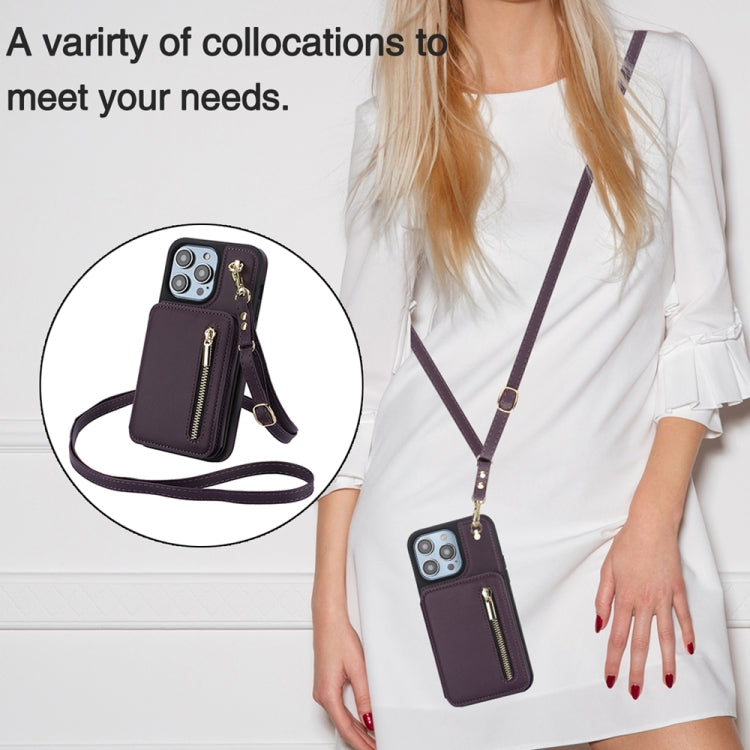For iPhone 15 Pro Max YM006 Skin Feel Zipper Card Bag Phone Case with Dual Lanyard(Dark Purple) - HoMEdemic™ 