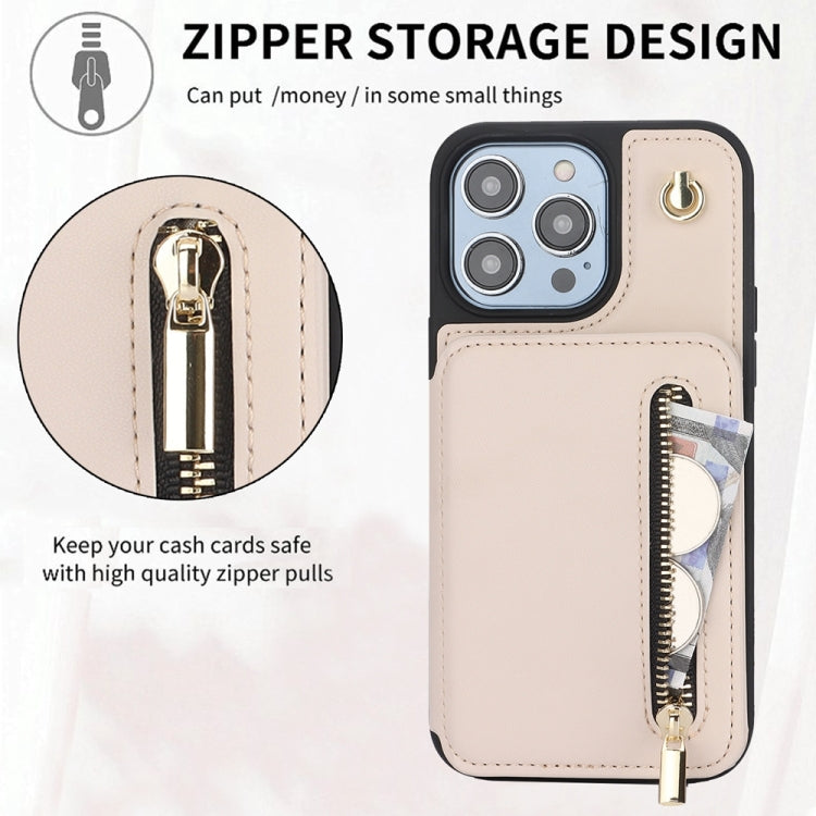 For iPhone 15 Pro Max YM006 Skin Feel Zipper Card Bag Phone Case with Dual Lanyard(Apricot) - HoMEdemic™ 