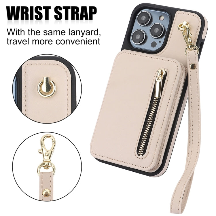 For iPhone 15 Pro Max YM006 Skin Feel Zipper Card Bag Phone Case with Dual Lanyard(Apricot) - HoMEdemic™ 
