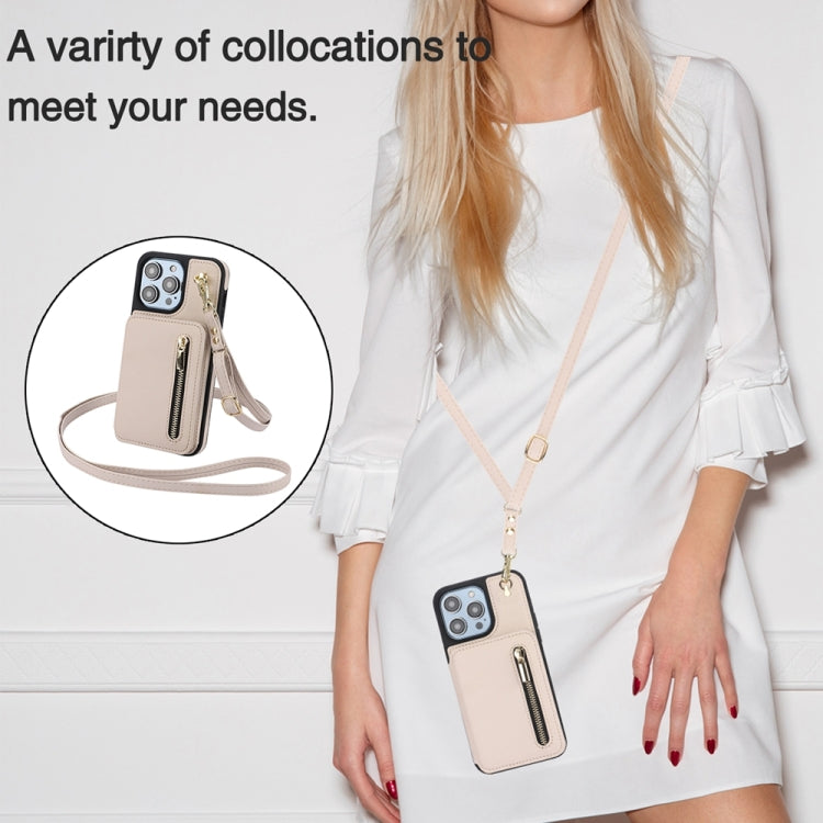 For iPhone 15 Pro Max YM006 Skin Feel Zipper Card Bag Phone Case with Dual Lanyard(Apricot) - HoMEdemic™ 
