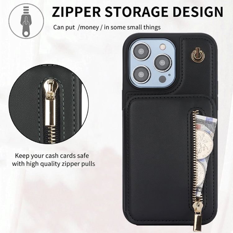 For iPhone 15 Pro Max YM006 Skin Feel Zipper Card Bag Phone Case with Dual Lanyard(Black) - HoMEdemic™ 