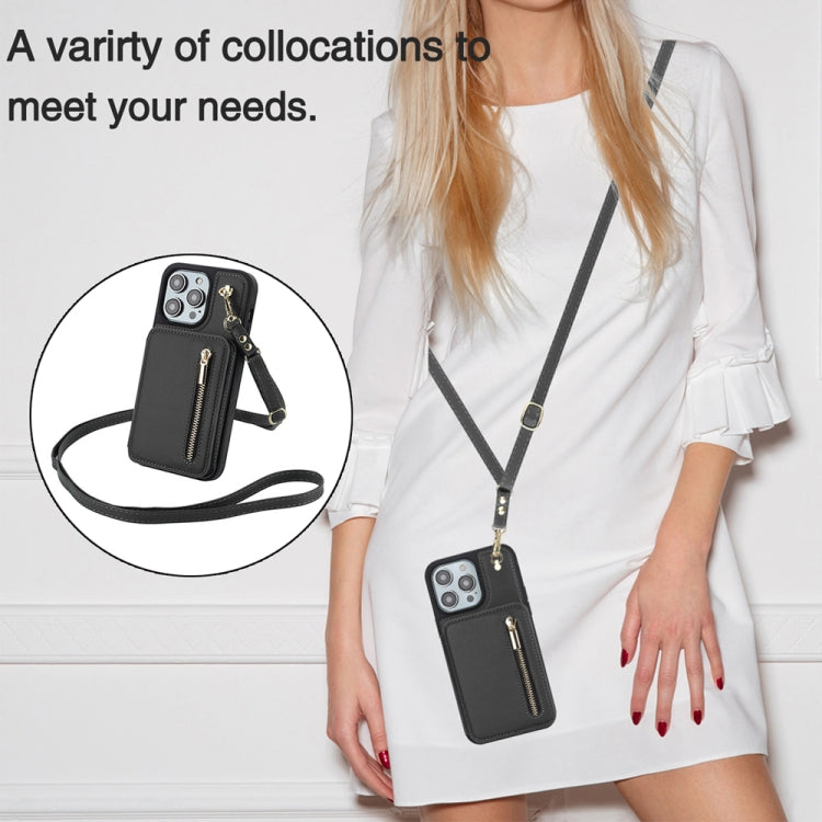 For iPhone 15 Pro Max YM006 Skin Feel Zipper Card Bag Phone Case with Dual Lanyard(Black) - HoMEdemic™ 