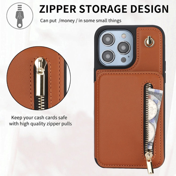 For iPhone 15 Pro Max YM006 Skin Feel Zipper Card Bag Phone Case with Dual Lanyard(Brown) - HoMEdemic™ 