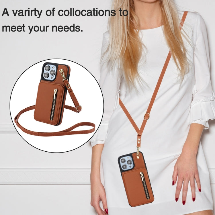 For iPhone 15 Pro Max YM006 Skin Feel Zipper Card Bag Phone Case with Dual Lanyard(Brown) - HoMEdemic™ 