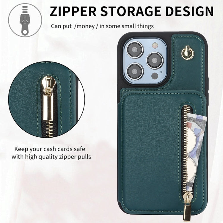 For iPhone 15 Pro Max YM006 Skin Feel Zipper Card Bag Phone Case with Dual Lanyard(Green) - HoMEdemic™ 
