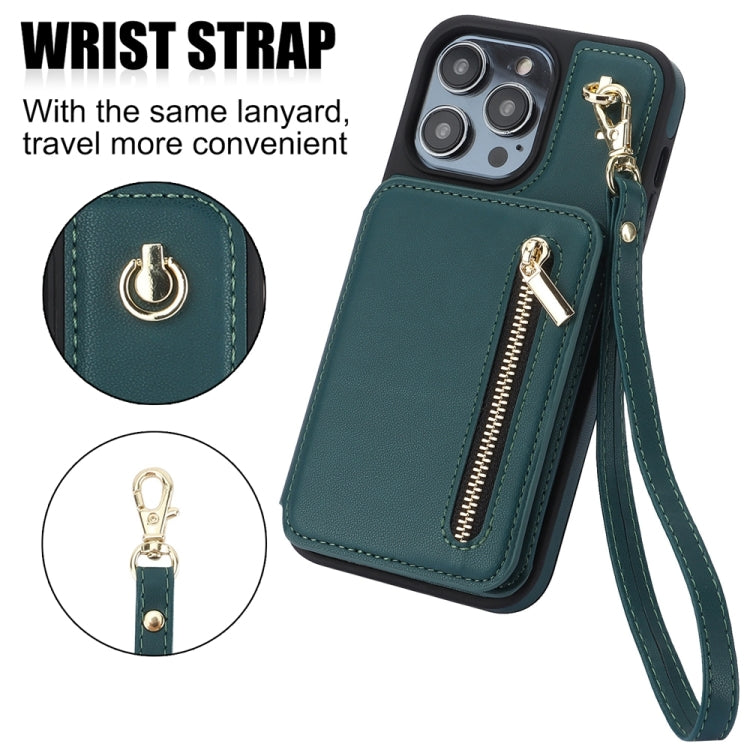 For iPhone 15 Pro Max YM006 Skin Feel Zipper Card Bag Phone Case with Dual Lanyard(Green) - HoMEdemic™ 