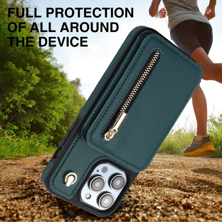 For iPhone 15 Pro Max YM006 Skin Feel Zipper Card Bag Phone Case with Dual Lanyard(Green) - HoMEdemic™ 