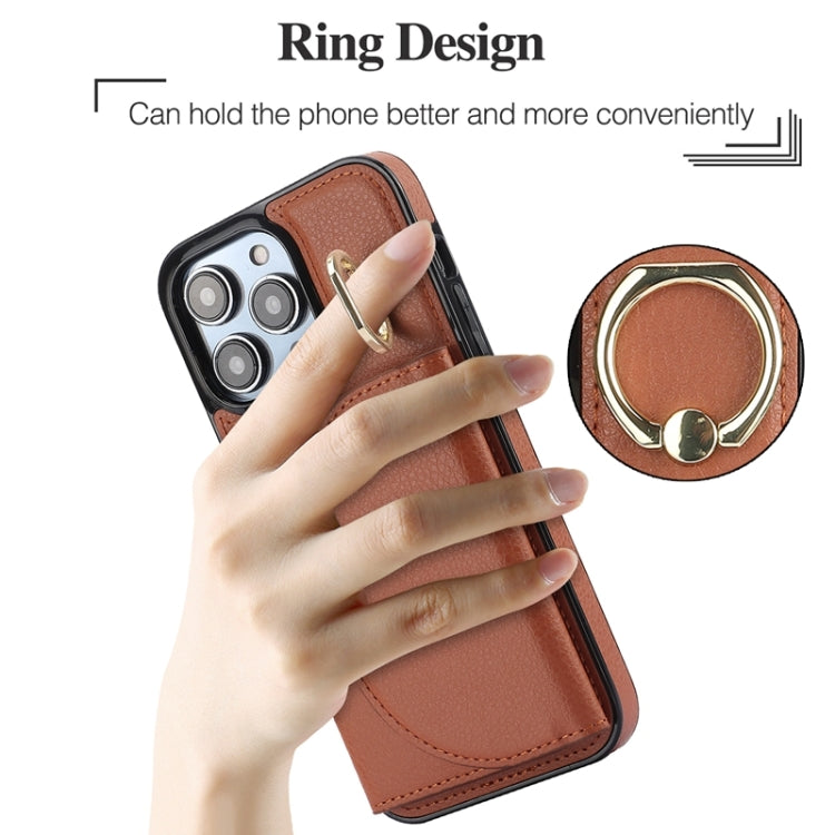 For iPhone 15 Pro Max YM007 Ring Holder Card Bag Skin Feel Phone Case(Brown) - HoMEdemic™ 