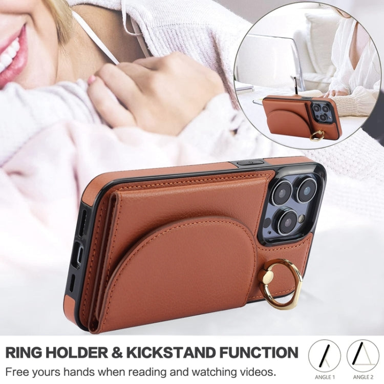 For iPhone 15 Pro Max YM007 Ring Holder Card Bag Skin Feel Phone Case(Brown) - HoMEdemic™ 