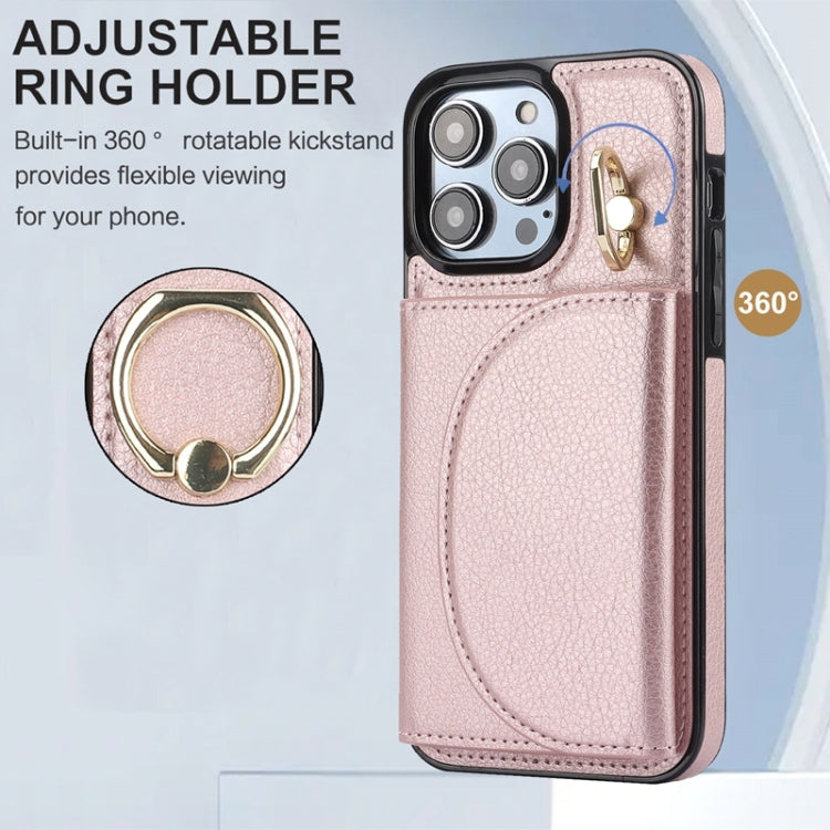 For iPhone 15 Pro YM007 Ring Holder Card Bag Skin Feel Phone Case(Rose Gold) - HoMEdemic™ 
