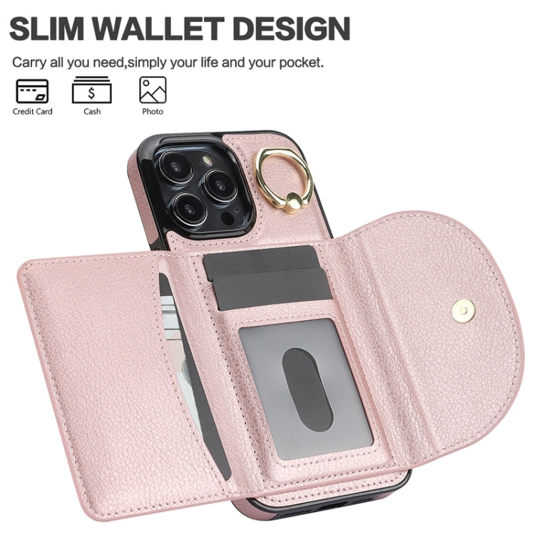 For iPhone 15 Pro YM007 Ring Holder Card Bag Skin Feel Phone Case(Rose Gold) - HoMEdemic™ 