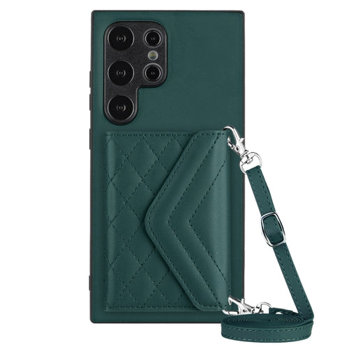 For Samsung Galaxy S24 Ultra 5G Rhombic Texture Card Bag RFID Phone Case with Long Lanyard(Green) - HoMEdemic™ 