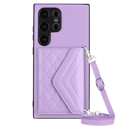 For Samsung Galaxy S24 Ultra 5G Rhombic Texture Card Bag RFID Phone Case with Long Lanyard(Light Purple) - HoMEdemic™ 