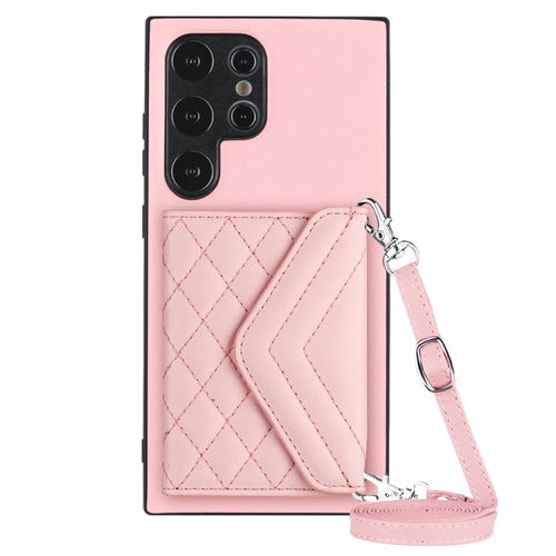 For Samsung Galaxy S24 Ultra 5G Rhombic Texture Card Bag RFID Phone Case with Long Lanyard(Rose Gold) - HoMEdemic™ 