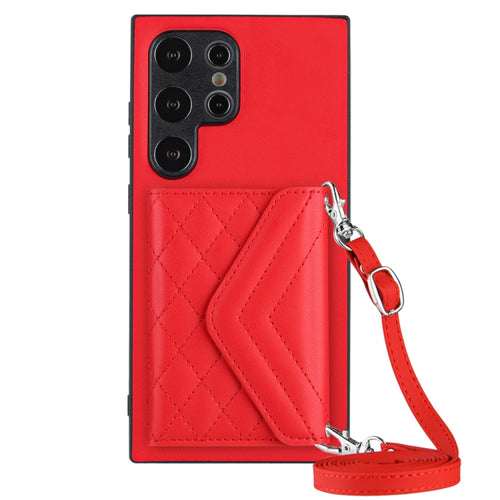 For Samsung Galaxy S24 Ultra 5G Rhombic Texture Card Bag RFID Phone Case with Long Lanyard(Red) - HoMEdemic™ 