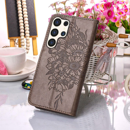 For Samsung Galaxy S24 Ultra 5G Embossed Butterfly Leather Phone Case(Grey) - HoMEdemic™ 