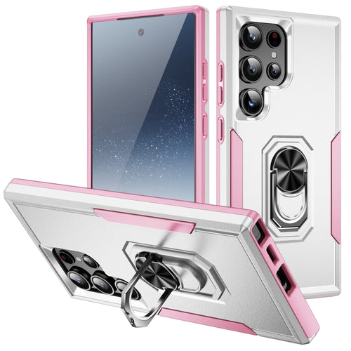 For Samsung Galaxy S24 Ultra 5G Pioneer Armor Heavy Duty PC + TPU Phone Case with Holder(White+Pink) - HoMEdemic™ 