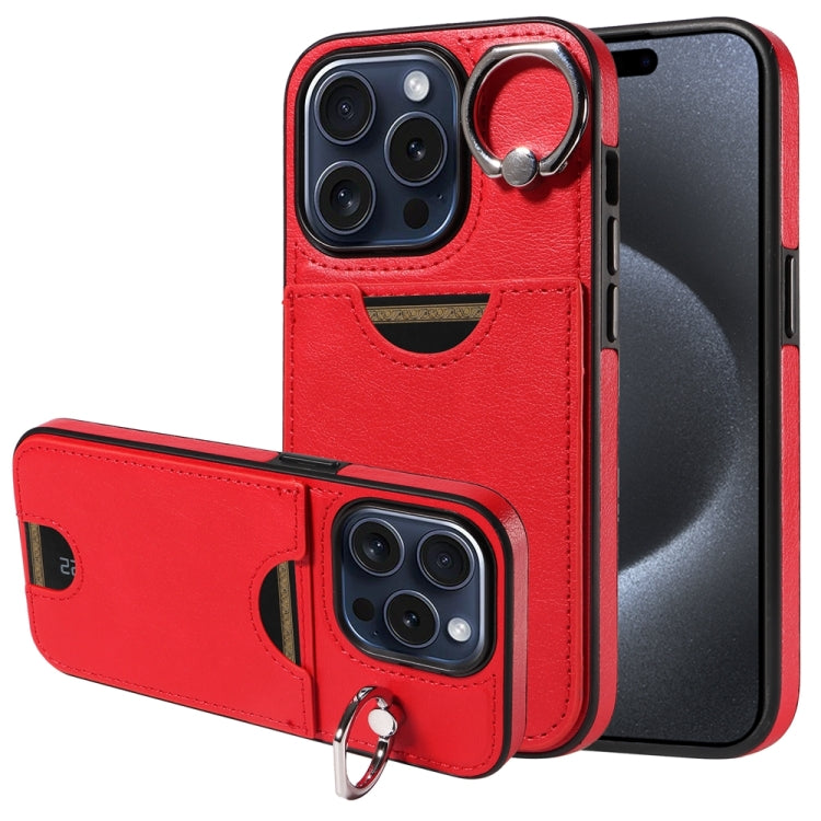 For iPhone 15 Pro Calf Texture Card Slot Ring Holder Phone Case(Red) - HoMEdemic™ 