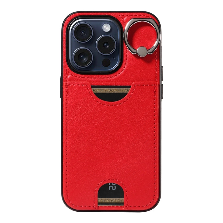 For iPhone 15 Pro Calf Texture Card Slot Ring Holder Phone Case(Red) - HoMEdemic™ 