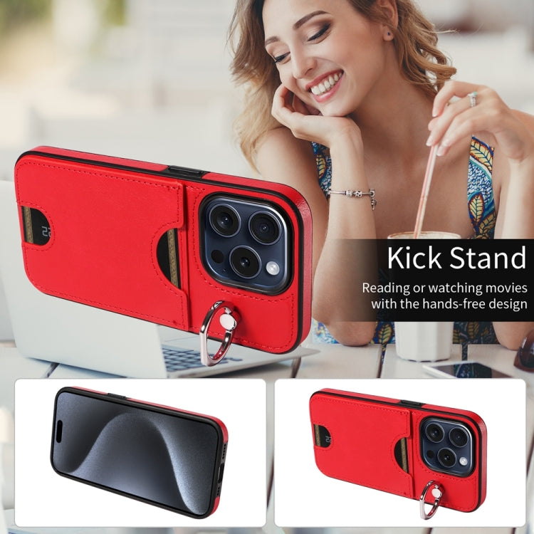 For iPhone 15 Pro Calf Texture Card Slot Ring Holder Phone Case(Red) - HoMEdemic™ 