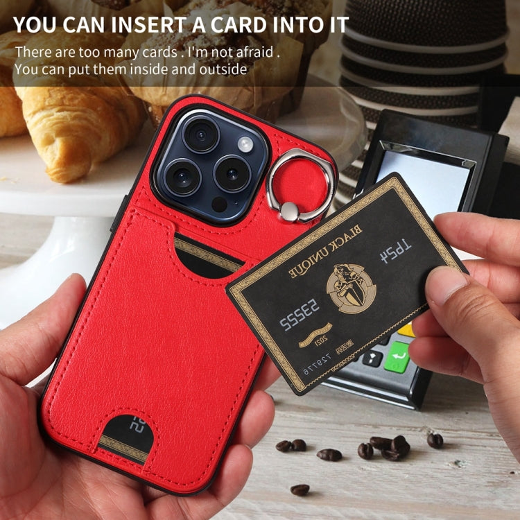 For iPhone 15 Pro Calf Texture Card Slot Ring Holder Phone Case(Red) - HoMEdemic™ 