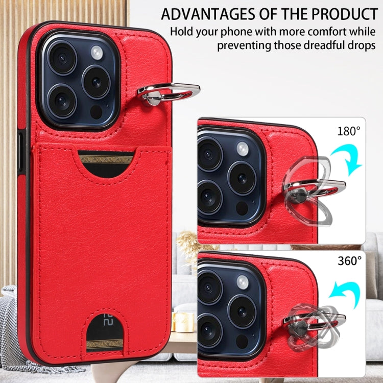For iPhone 15 Pro Calf Texture Card Slot Ring Holder Phone Case(Red) - HoMEdemic™ 