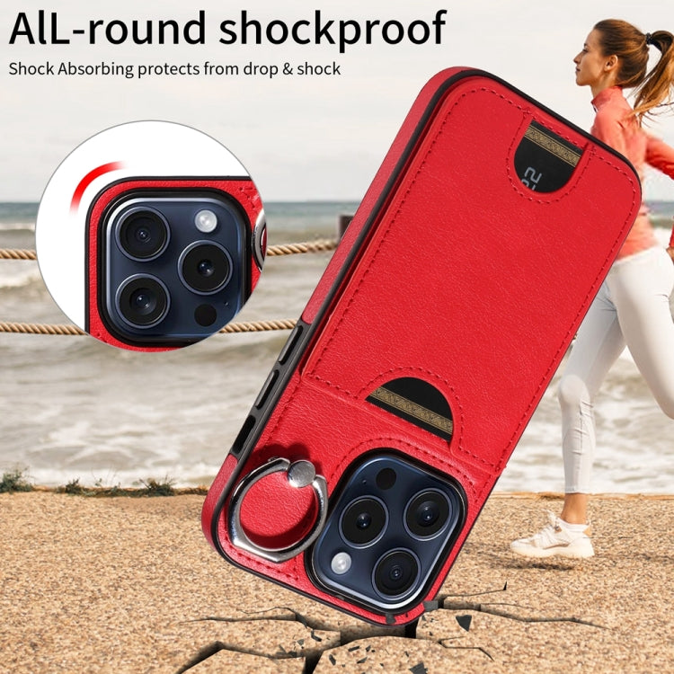 For iPhone 15 Pro Calf Texture Card Slot Ring Holder Phone Case(Red) - HoMEdemic™ 