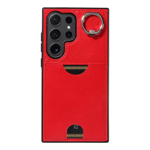 For Samsung Galaxy S24 Ultra 5G Calf Texture Card Slot Ring Holder Phone Case(Red) - HoMEdemic™ 