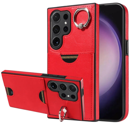 For Samsung Galaxy S24 Ultra 5G Calf Texture Card Slot Ring Holder Phone Case(Red) - HoMEdemic™ 