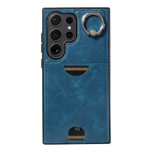 For Samsung Galaxy S24 Ultra 5G Calf Texture Card Slot Ring Holder Phone Case(Blue) - HoMEdemic™ 