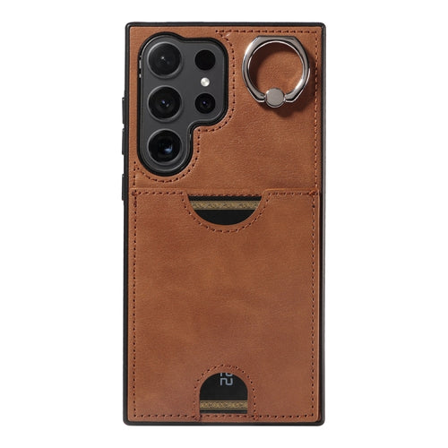 For Samsung Galaxy S24 Ultra 5G Calf Texture Card Slot Ring Holder Phone Case(Brown) - HoMEdemic™ 