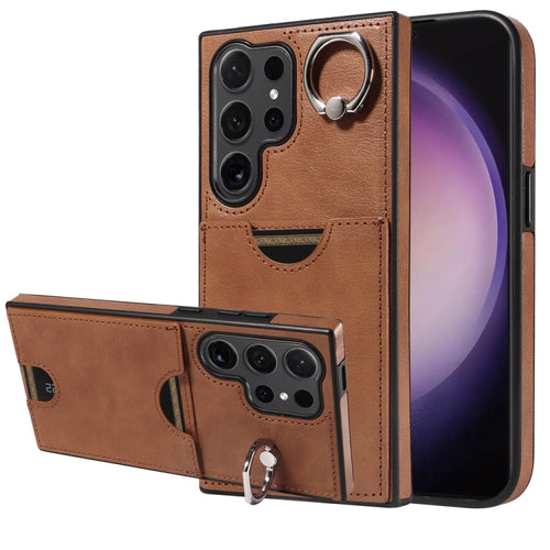 For Samsung Galaxy S24 Ultra 5G Calf Texture Card Slot Ring Holder Phone Case(Brown) - HoMEdemic™ 