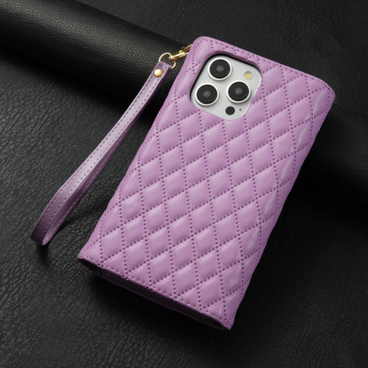 For iPhone 15 Pro Zipper Multi-Card Wallet Rhombic Leather Phone Case(Purple) - HoMEdemic™ 