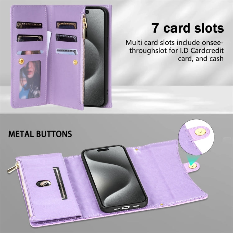 For iPhone 15 Pro Zipper Multi-Card Wallet Rhombic Leather Phone Case(Purple) - HoMEdemic™ 