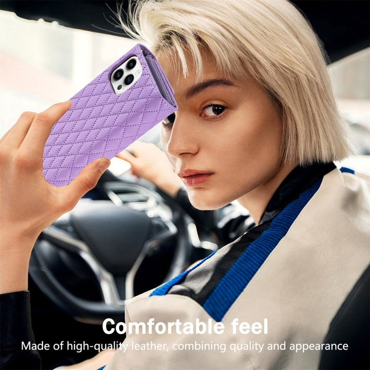 For iPhone 15 Pro Zipper Multi-Card Wallet Rhombic Leather Phone Case(Purple) - HoMEdemic™ 