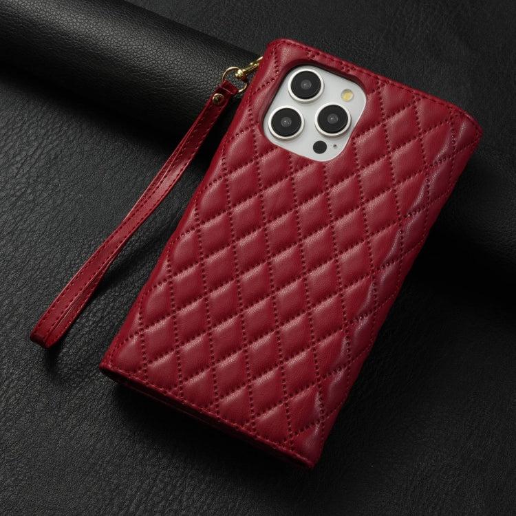 For iPhone 15 Pro Zipper Multi-Card Wallet Rhombic Leather Phone Case(Red) - HoMEdemic™ 