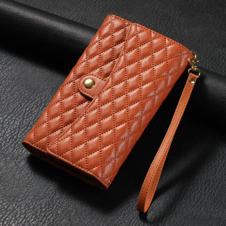 For iPhone 15 Pro Zipper Multi-Card Wallet Rhombic Leather Phone Case(Brown) - HoMEdemic™ 