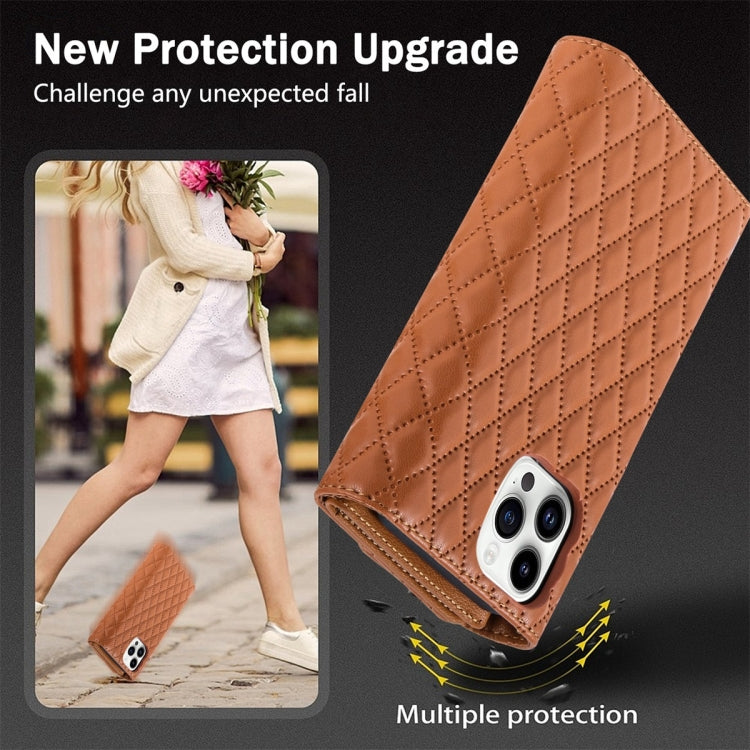 For iPhone 15 Pro Zipper Multi-Card Wallet Rhombic Leather Phone Case(Brown) - HoMEdemic™ 