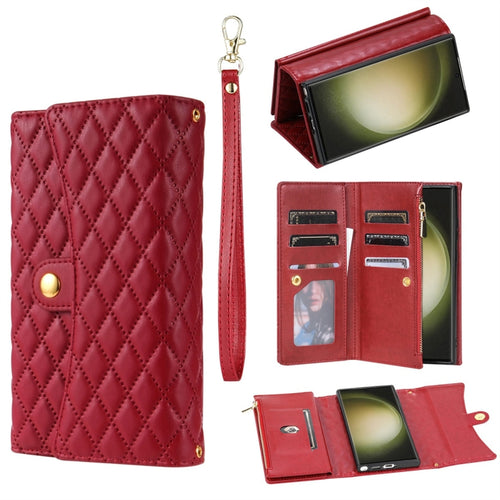 For Samsung Galaxy S24 Ultra 5G Zipper Multi-Card Wallet Rhombic Leather Phone Case(Red) - HoMEdemic™ 