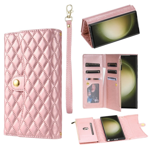 For Samsung Galaxy S24 Ultra 5G Zipper Multi-Card Wallet Rhombic Leather Phone Case(Rose Gold) - HoMEdemic™ 