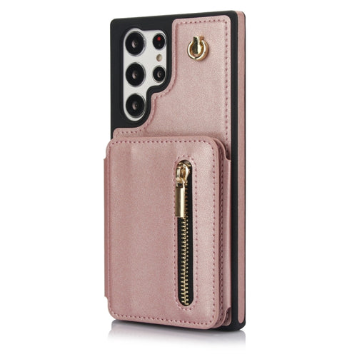 For Samsung Galaxy S24 Ultra 5G YM006 Skin Feel Zipper Card Bag Phone Case with Dual Lanyard(Rose Gold) - HoMEdemic™ 